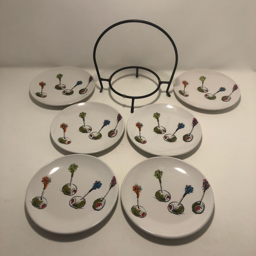 Set of 7 White Appetizer Plates with Olive Cocktail Motif